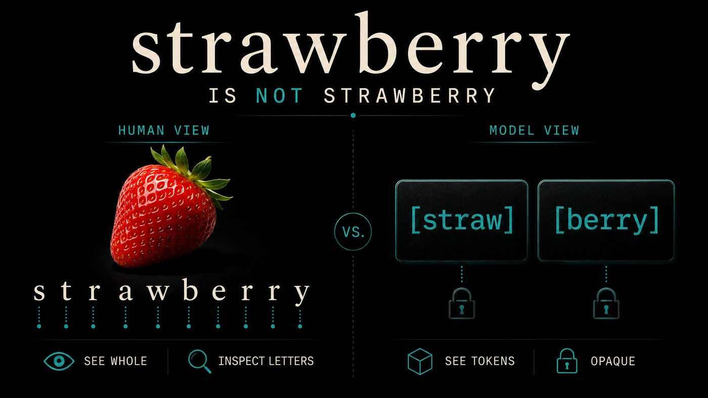 Strawberry as humans see it (one whole word, letters inspectable) versus how a model sees it (two opaque tokens: [straw] and [berry]).